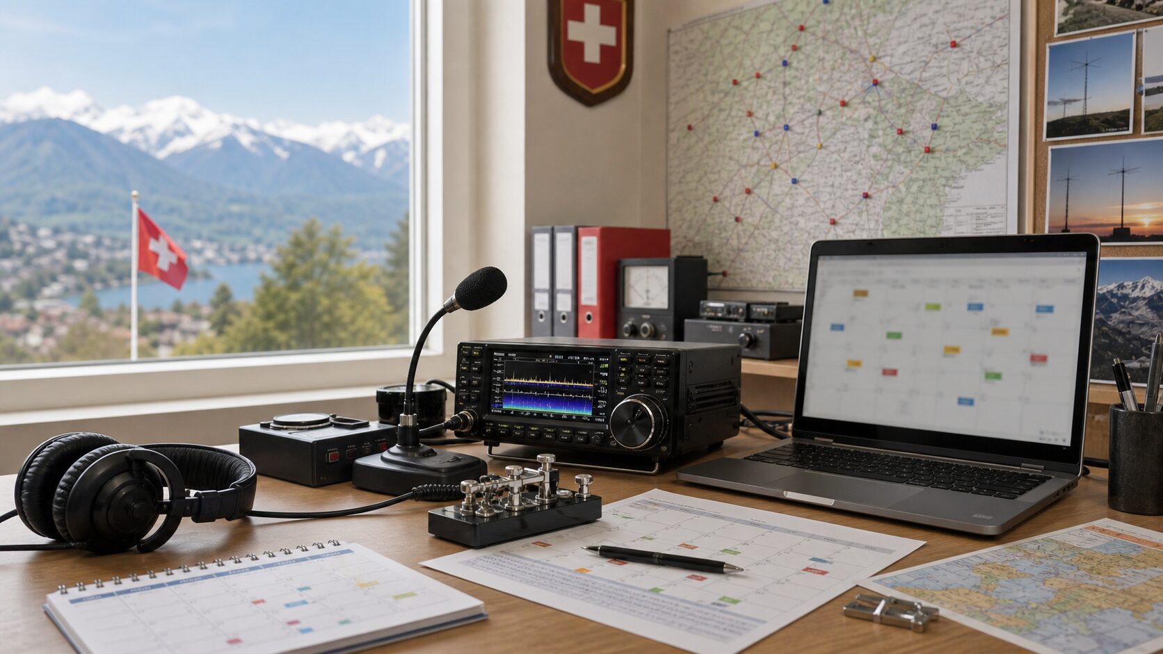 Contest-Kalender mit Funkstation, Kalenderplanung und Schweizer Karte