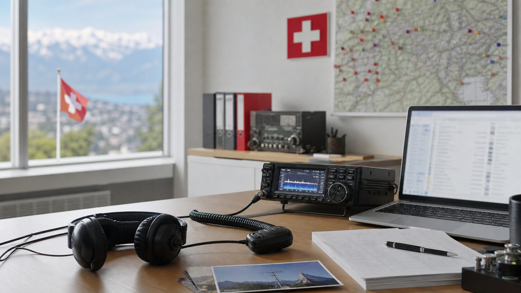 USKA Kontaktadressen: Funkstation mit Laptop und Schweizer Karte
