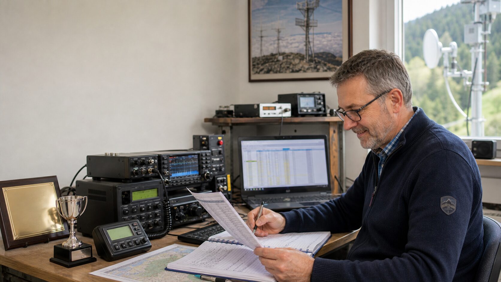 VHF UHF contest operator reviewing champion results at an amateur radio station