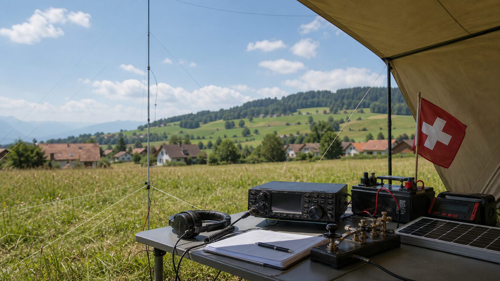Portable Field-Day-CW-Funkstation mit Morsetaste, Batterie und Drahtantenne