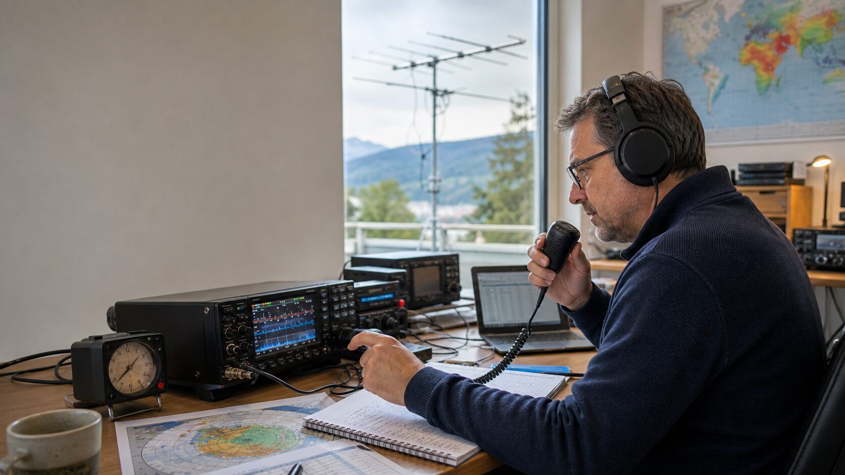 Radioamatore che gestisce una stazione da concorso a 50 MHz