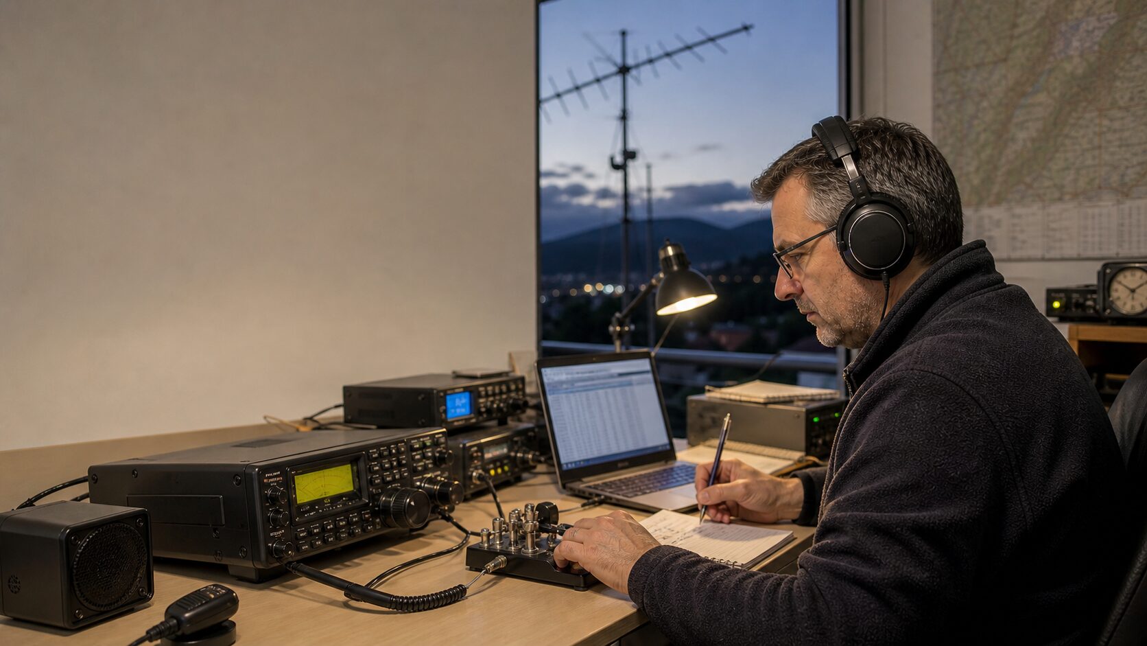 Radio operator using a Morse key during a 144 MHz CW contest