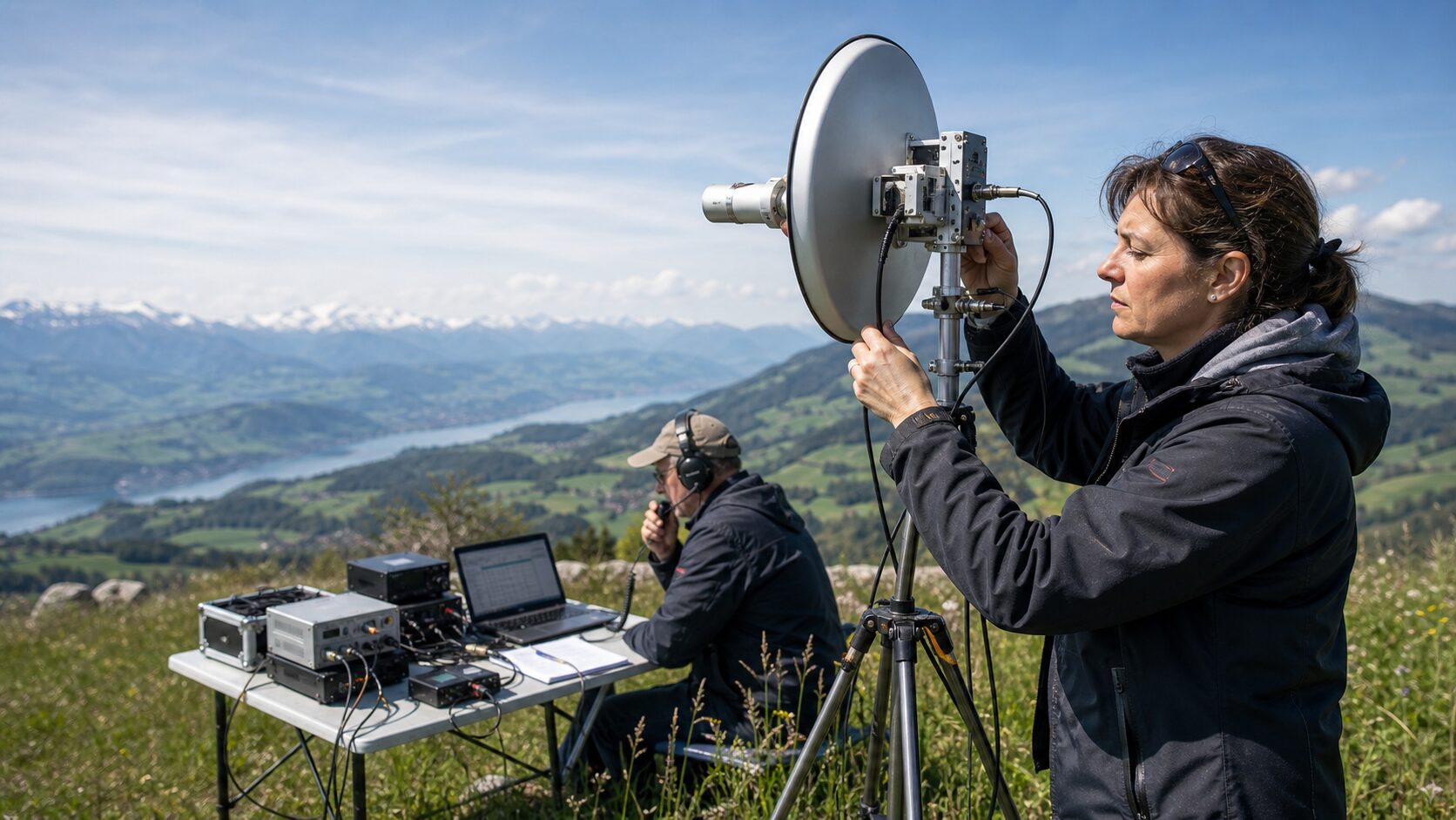 Una radioamatrice orienta un'antenna a microonde durante un contest
