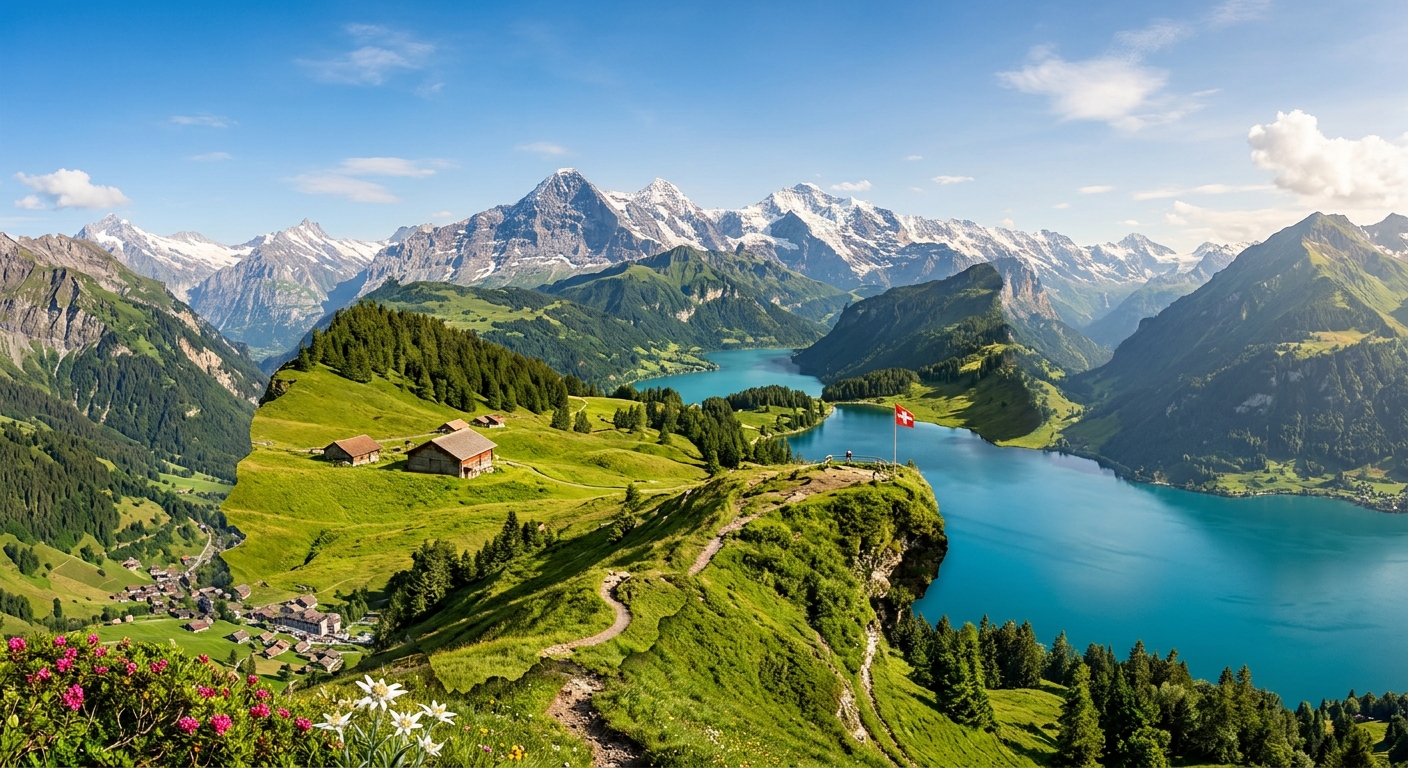 Paesaggio alpino svizzero con lago di montagna, baita e bandiera svizzera