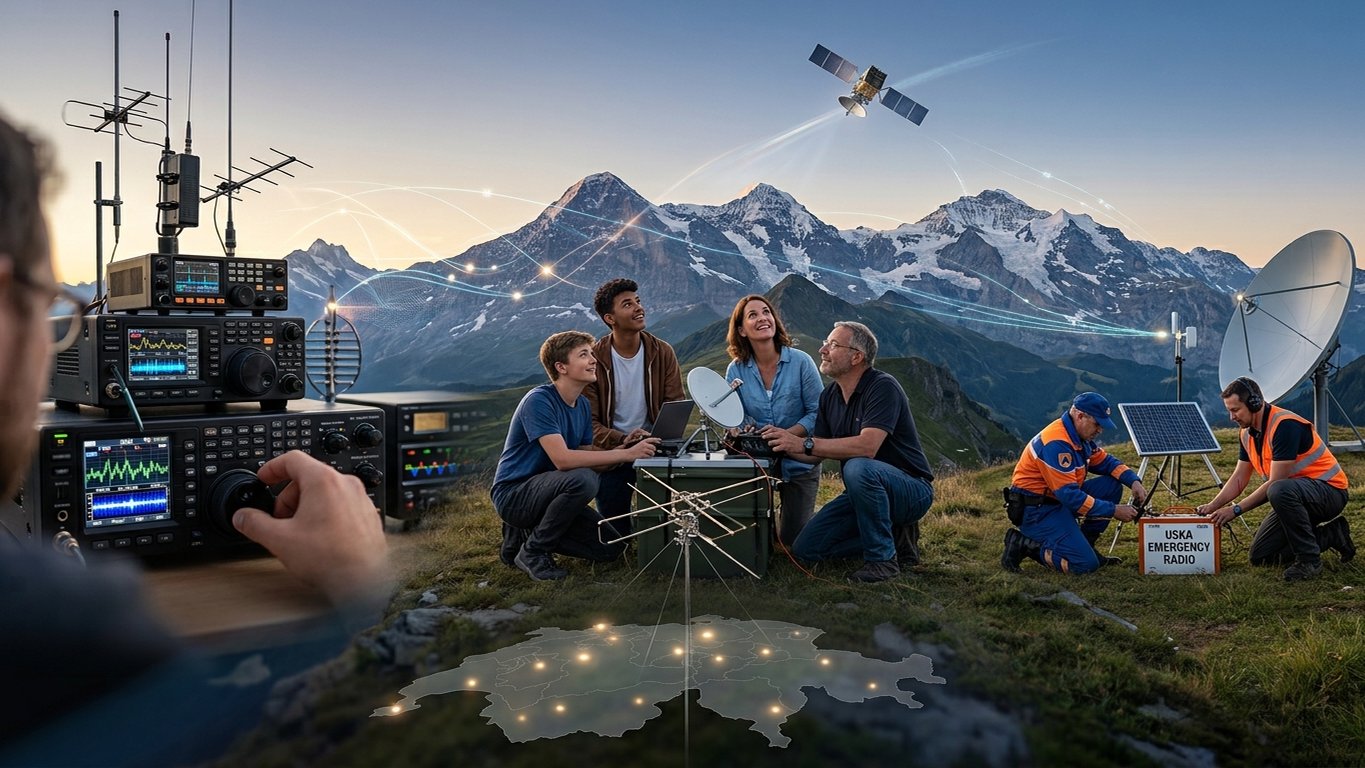 Funkamateure verschiedener Generationen mit Funkgeräten, Antennen und Notfunk-Ausrüstung vor den Alpen